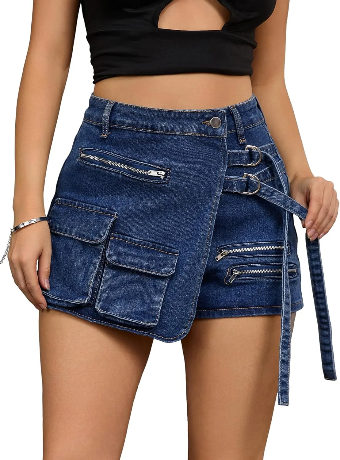 Women's Jean Skort High Waisted Western Summer Asymmetrical Denim Cargo Skirt Shorts