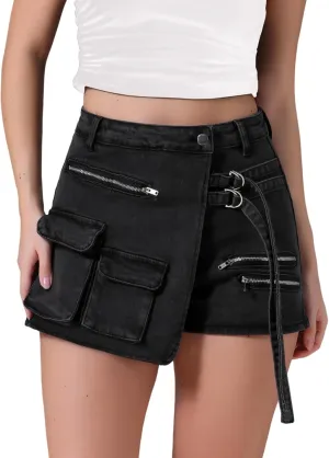 Women's Jean Skort High Waisted Western Summer Asymmetrical Denim Cargo Skirt Shorts