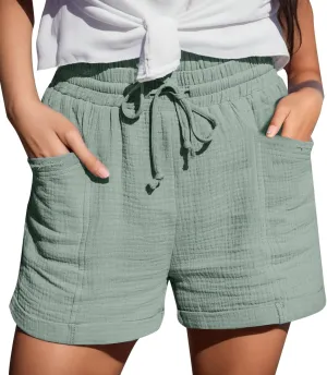 Womens Linen Shorts with Pockets Summer Beach Casual Drawstring Elastic Waist Comfy Breathable Workout Trousers