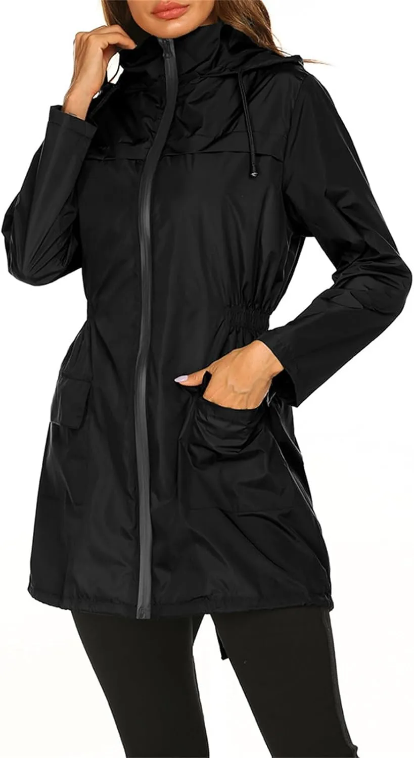 Women's Long Raincoat Waterproof Lightweight Tunic Trench Coat Activity Outdoor Windbreaker Hooded with Pockets