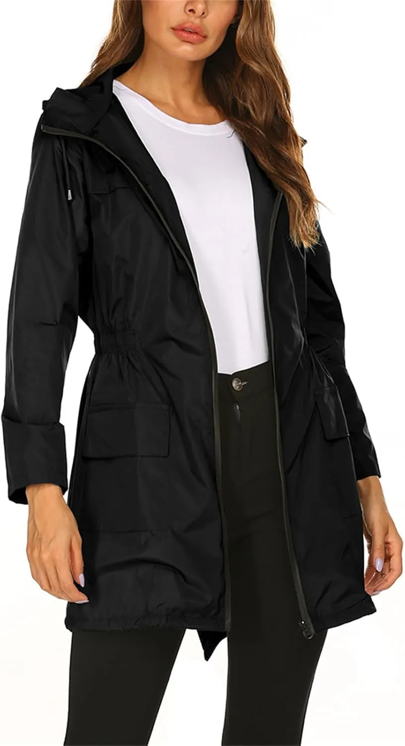 Women's Long Raincoat Waterproof Lightweight Tunic Trench Coat Activity Outdoor Windbreaker Hooded with Pockets