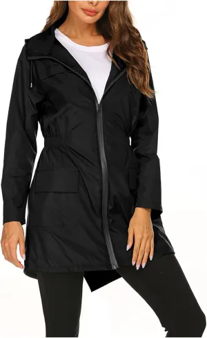 Women's Long Raincoat Waterproof Lightweight Tunic Trench Coat Activity Outdoor Windbreaker Hooded with Pockets