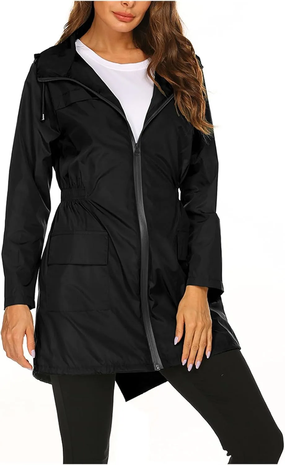 Women's Long Raincoat Waterproof Lightweight Tunic Trench Coat Activity Outdoor Windbreaker Hooded with Pockets