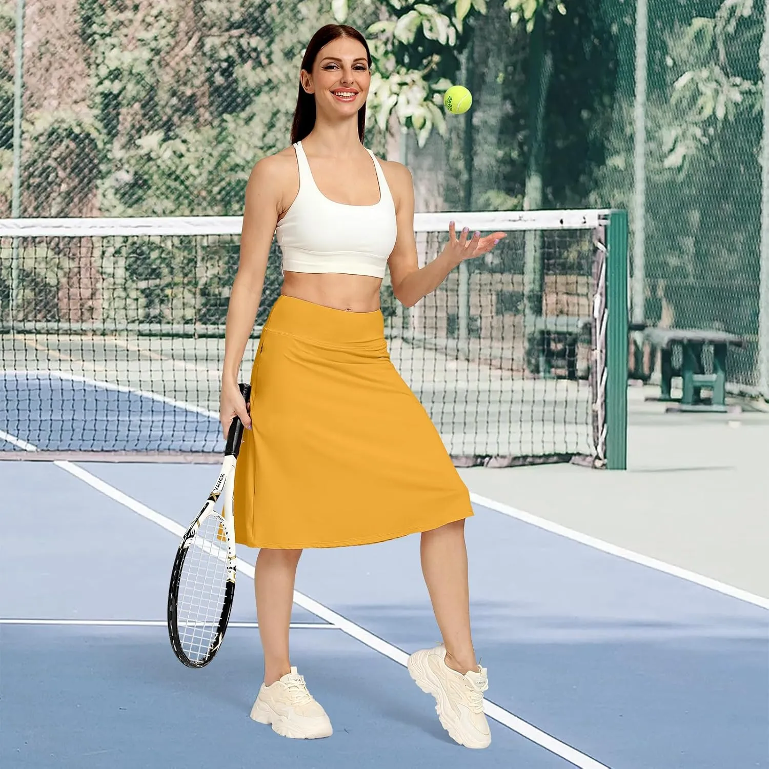 Womens Midi Knee-Length Skirt with Built-in Skorts Hidden Drawstring Zippered Pockets Appropriate for Working Casual Office
