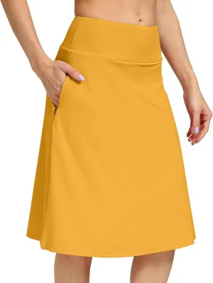 Womens Midi Knee-Length Skirt with Built-in Skorts Hidden Drawstring Zippered Pockets Appropriate for Working Casual Office