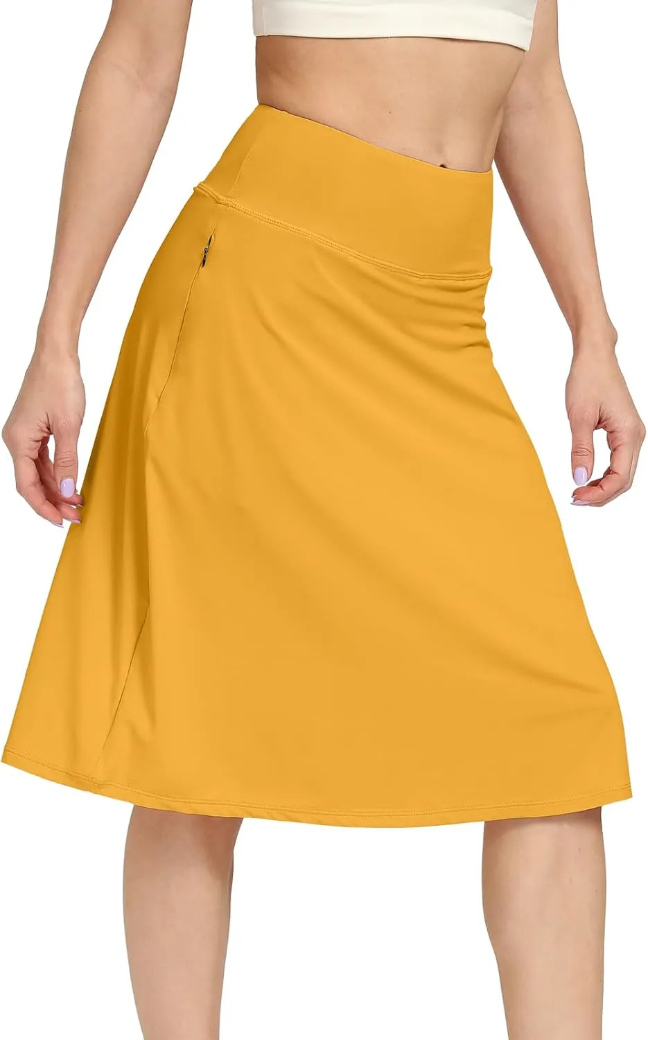 Womens Midi Knee-Length Skirt with Built-in Skorts Hidden Drawstring Zippered Pockets Appropriate for Working Casual Office