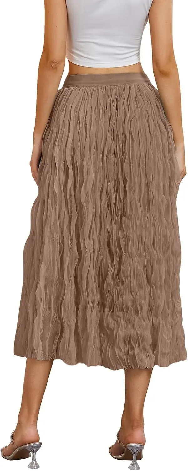 Women's Midi Wave Wrinkled Tutu Skirt A-Line Elastic Waist Flared Pleated Skirt Chic Beach Party Tulle Skirts