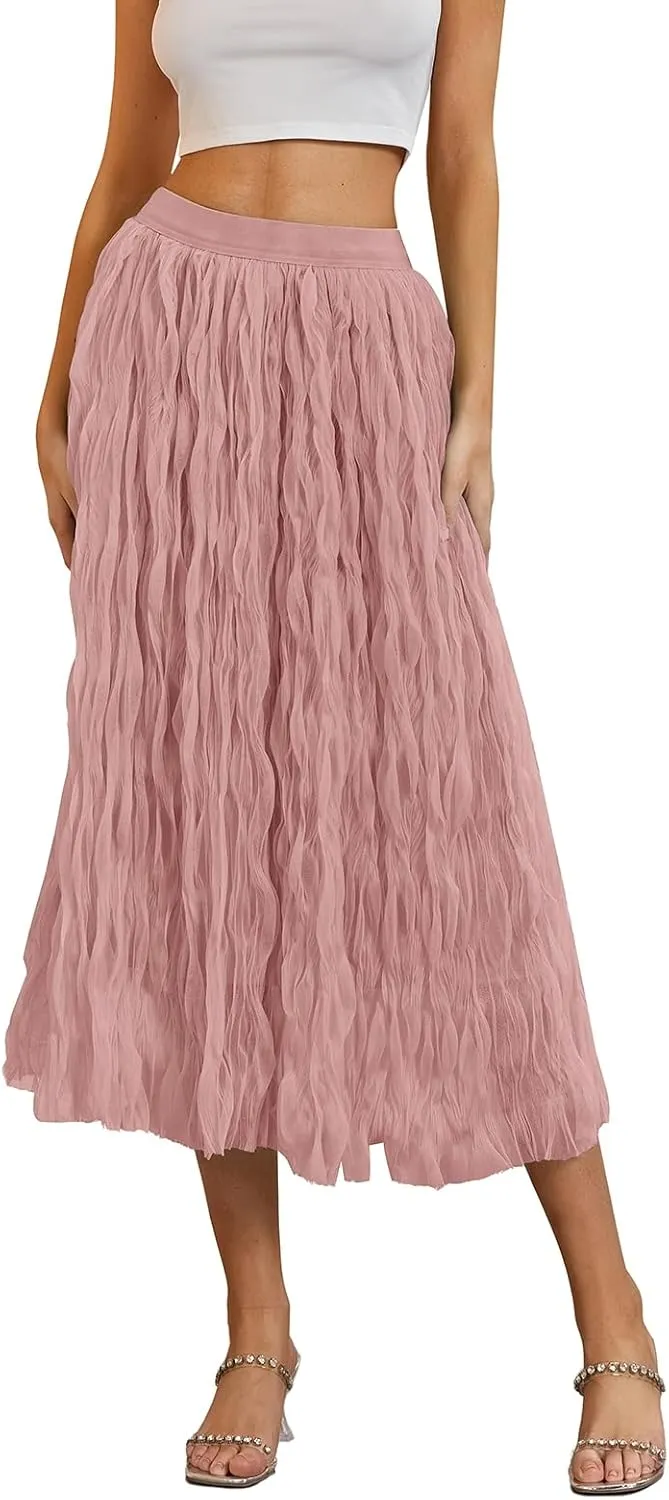 Women's Midi Wave Wrinkled Tutu Skirt A-Line Elastic Waist Flared Pleated Skirt Chic Beach Party Tulle Skirts