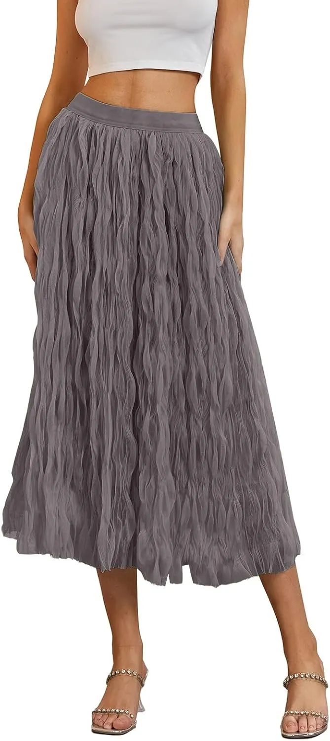 Women's Midi Wave Wrinkled Tutu Skirt A-Line Elastic Waist Flared Pleated Skirt Chic Beach Party Tulle Skirts