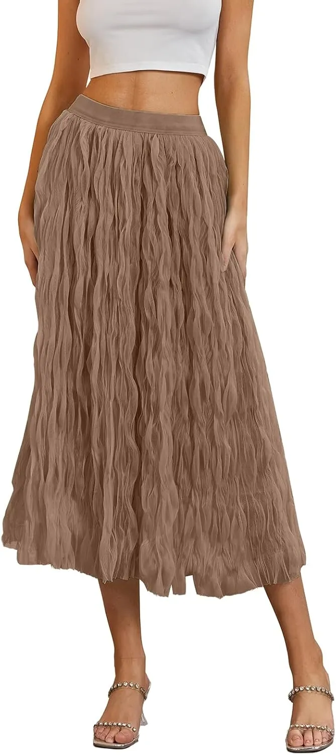 Women's Midi Wave Wrinkled Tutu Skirt A-Line Elastic Waist Flared Pleated Skirt Chic Beach Party Tulle Skirts