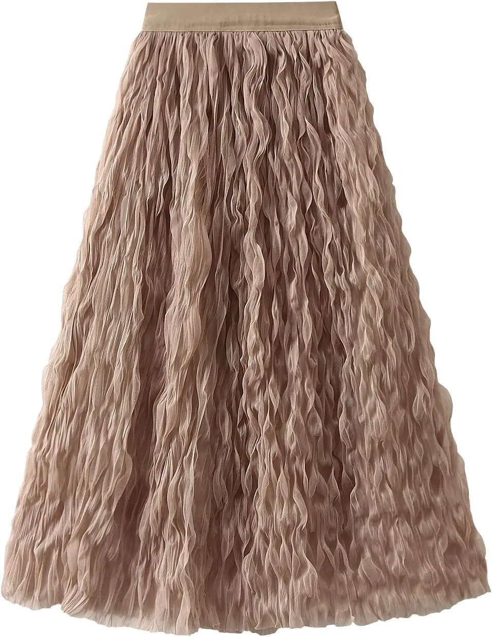 Women's Midi Wave Wrinkled Tutu Skirt A-Line Elastic Waist Flared Pleated Skirt Chic Beach Party Tulle Skirts