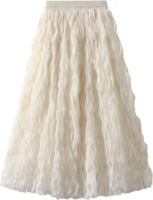 Women's Midi Wave Wrinkled Tutu Skirt A-Line Elastic Waist Flared Pleated Skirt Chic Beach Party Tulle Skirts