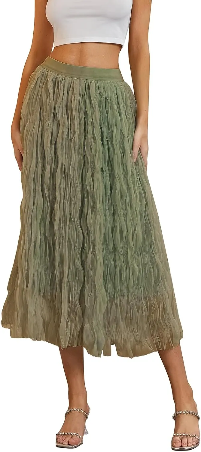 Women's Midi Wave Wrinkled Tutu Skirt A-Line Elastic Waist Flared Pleated Skirt Chic Beach Party Tulle Skirts