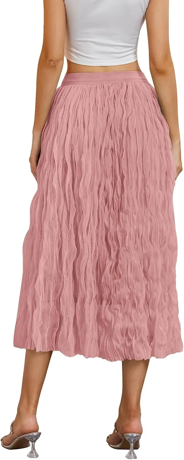 Women's Midi Wave Wrinkled Tutu Skirt A-Line Elastic Waist Flared Pleated Skirt Chic Beach Party Tulle Skirts