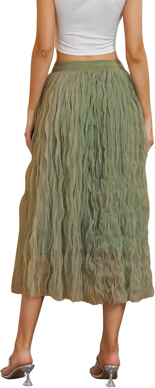 Women's Midi Wave Wrinkled Tutu Skirt A-Line Elastic Waist Flared Pleated Skirt Chic Beach Party Tulle Skirts