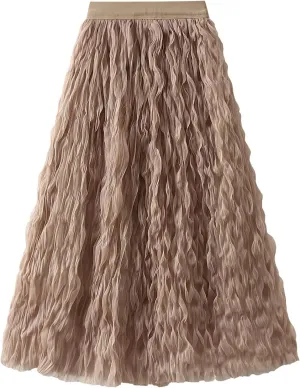 Women's Midi Wave Wrinkled Tutu Skirt A-Line Elastic Waist Flared Pleated Skirt Chic Beach Party Tulle Skirts