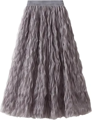 Women's Midi Wave Wrinkled Tutu Skirt A-Line Elastic Waist Flared Pleated Skirt Chic Beach Party Tulle Skirts