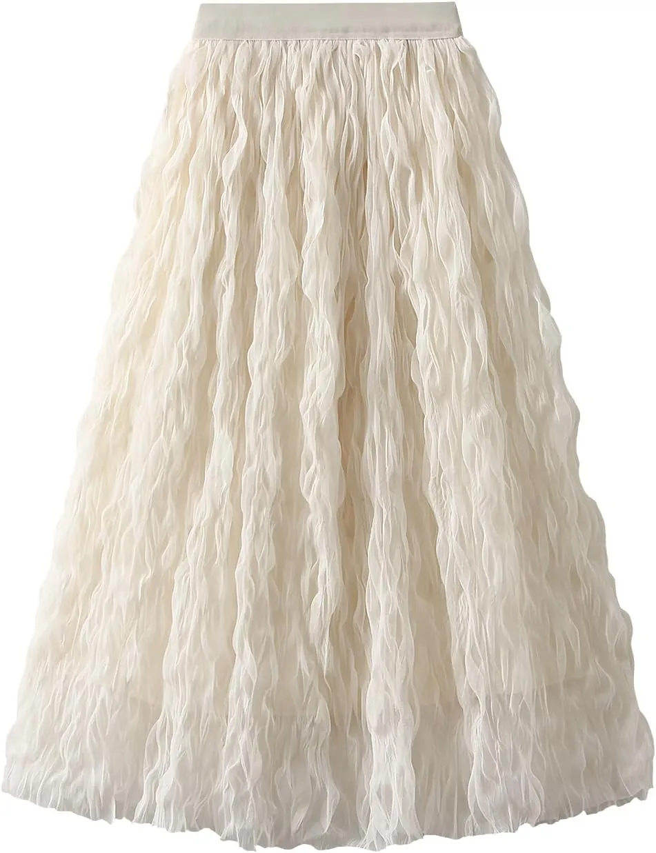 Women's Midi Wave Wrinkled Tutu Skirt A-Line Elastic Waist Flared Pleated Skirt Chic Beach Party Tulle Skirts