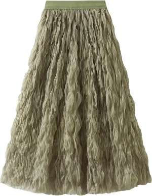 Women's Midi Wave Wrinkled Tutu Skirt A-Line Elastic Waist Flared Pleated Skirt Chic Beach Party Tulle Skirts