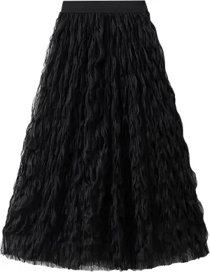 Women's Midi Wave Wrinkled Tutu Skirt A-Line Elastic Waist Flared Pleated Skirt Chic Beach Party Tulle Skirts