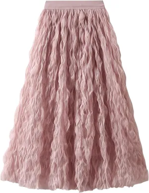 Women's Midi Wave Wrinkled Tutu Skirt A-Line Elastic Waist Flared Pleated Skirt Chic Beach Party Tulle Skirts