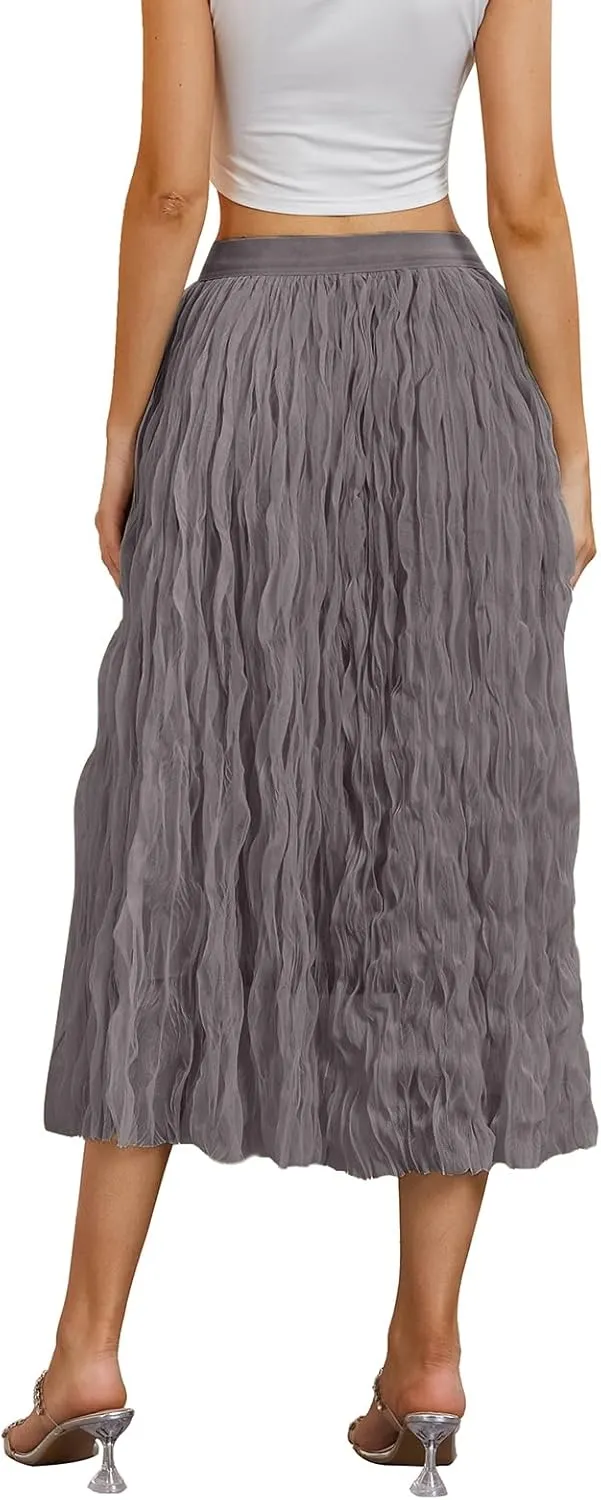 Women's Midi Wave Wrinkled Tutu Skirt A-Line Elastic Waist Flared Pleated Skirt Chic Beach Party Tulle Skirts