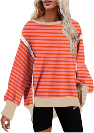 Womens Oversize Striped Sweatshirts Crew Neck Long Sleeve Top Patchwork Hoodie Irregular Hem Pullover Fall Clothes