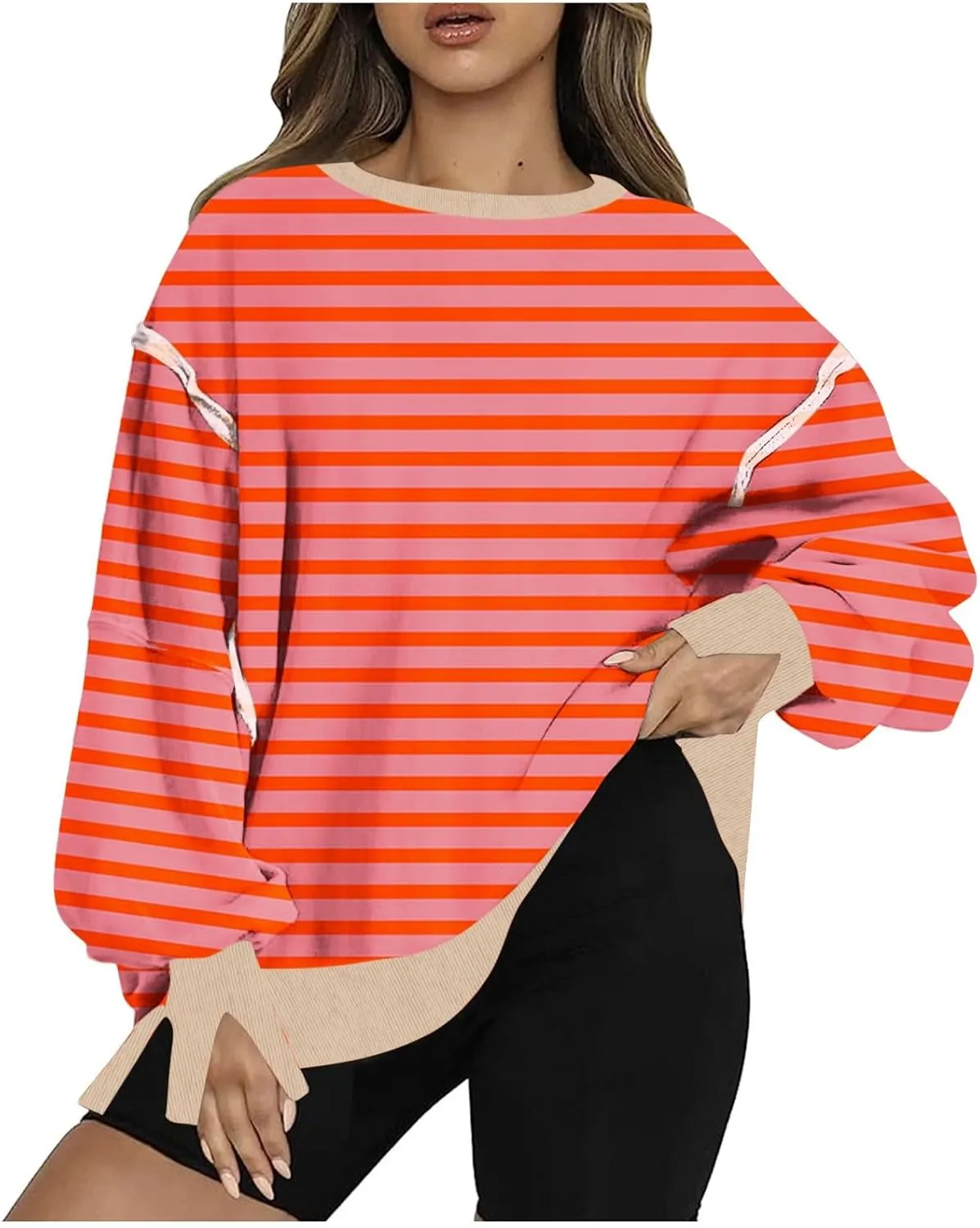 Womens Oversize Striped Sweatshirts Crew Neck Long Sleeve Top Patchwork Hoodie Irregular Hem Pullover Fall Clothes