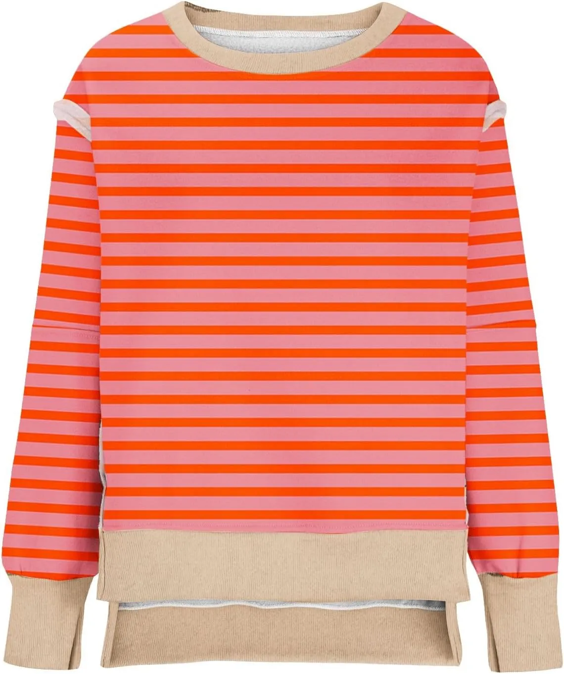 Womens Oversize Striped Sweatshirts Crew Neck Long Sleeve Top Patchwork Hoodie Irregular Hem Pullover Fall Clothes