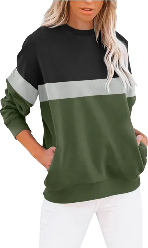 Women's Oversized Color Pullover Sweatshirts,2024 Winter Crew Neck Long Sleeve Tunic,Cute Trendy Comfy Clothes