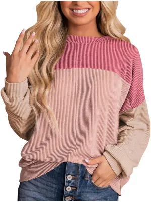 Women's Oversized Color Pullover,2024 Casual Crew Neck Long Sleeve Fleece Sweatshirts, Sweaters Tunic Cute Winter