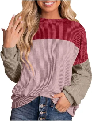 Women's Oversized Color Pullover,2024 Casual Crew Neck Long Sleeve Fleece Sweatshirts, Sweaters Tunic Cute Winter