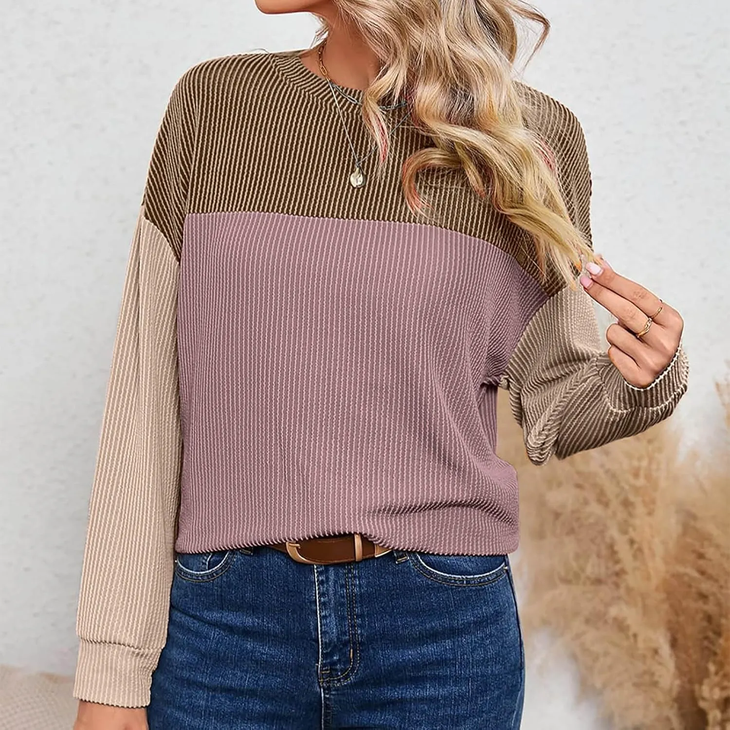 Women's Oversized Color Pullover,2024 Casual Crew Neck Long Sleeve Fleece Sweatshirts, Sweaters Tunic Cute Winter
