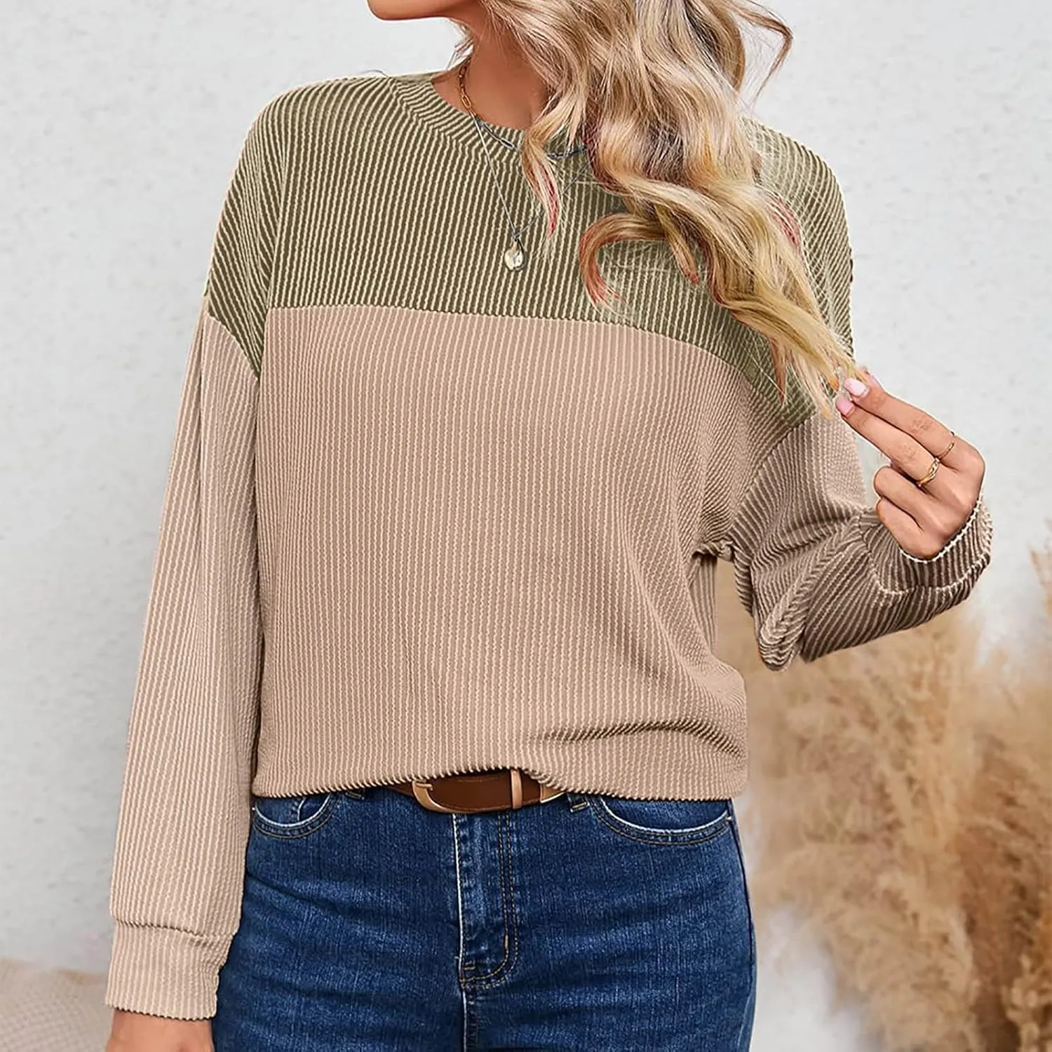 Women's Oversized Color Pullover,2024 Casual Crew Neck Long Sleeve Fleece Sweatshirts, Sweaters Tunic Cute Winter