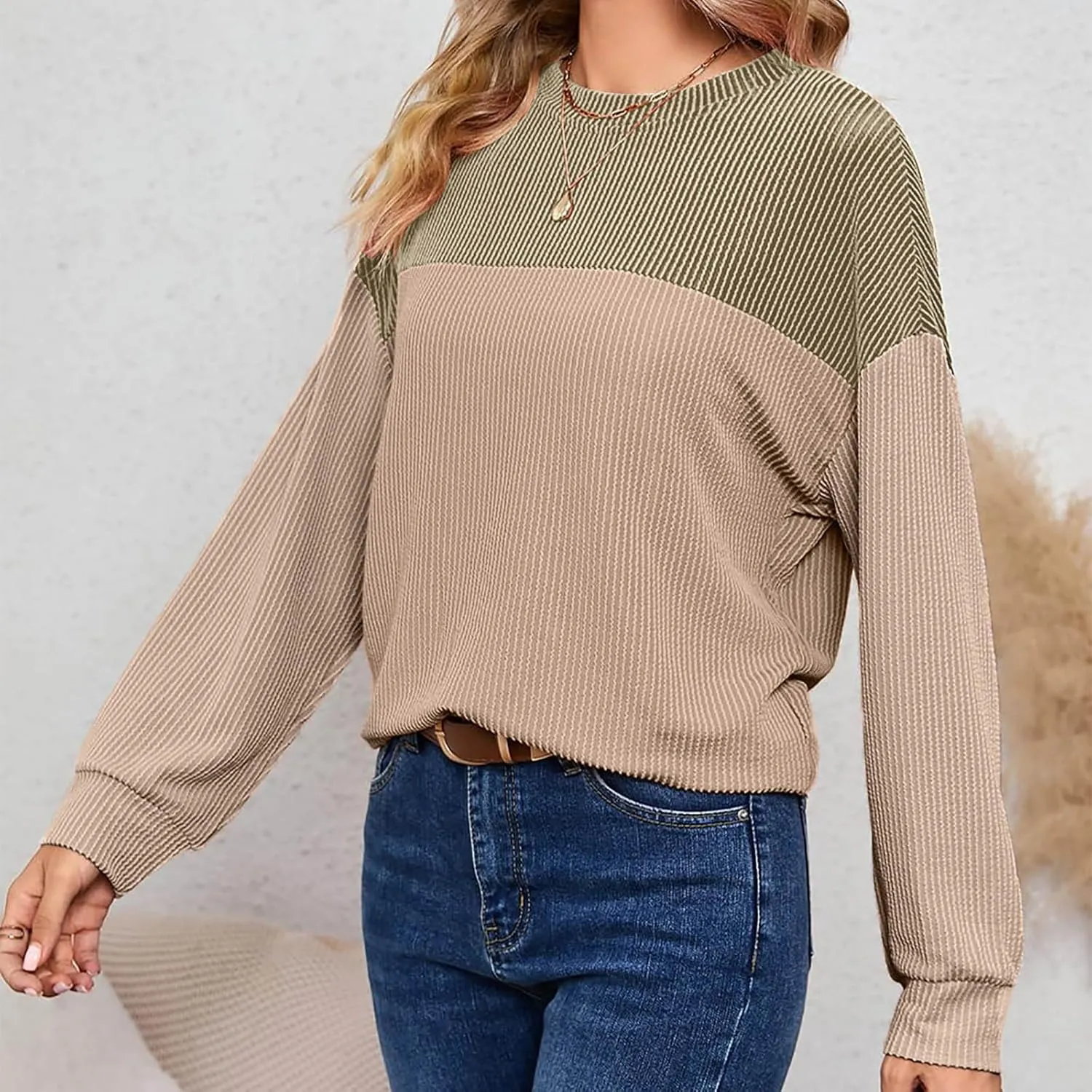 Women's Oversized Color Pullover,2024 Casual Crew Neck Long Sleeve Fleece Sweatshirts, Sweaters Tunic Cute Winter