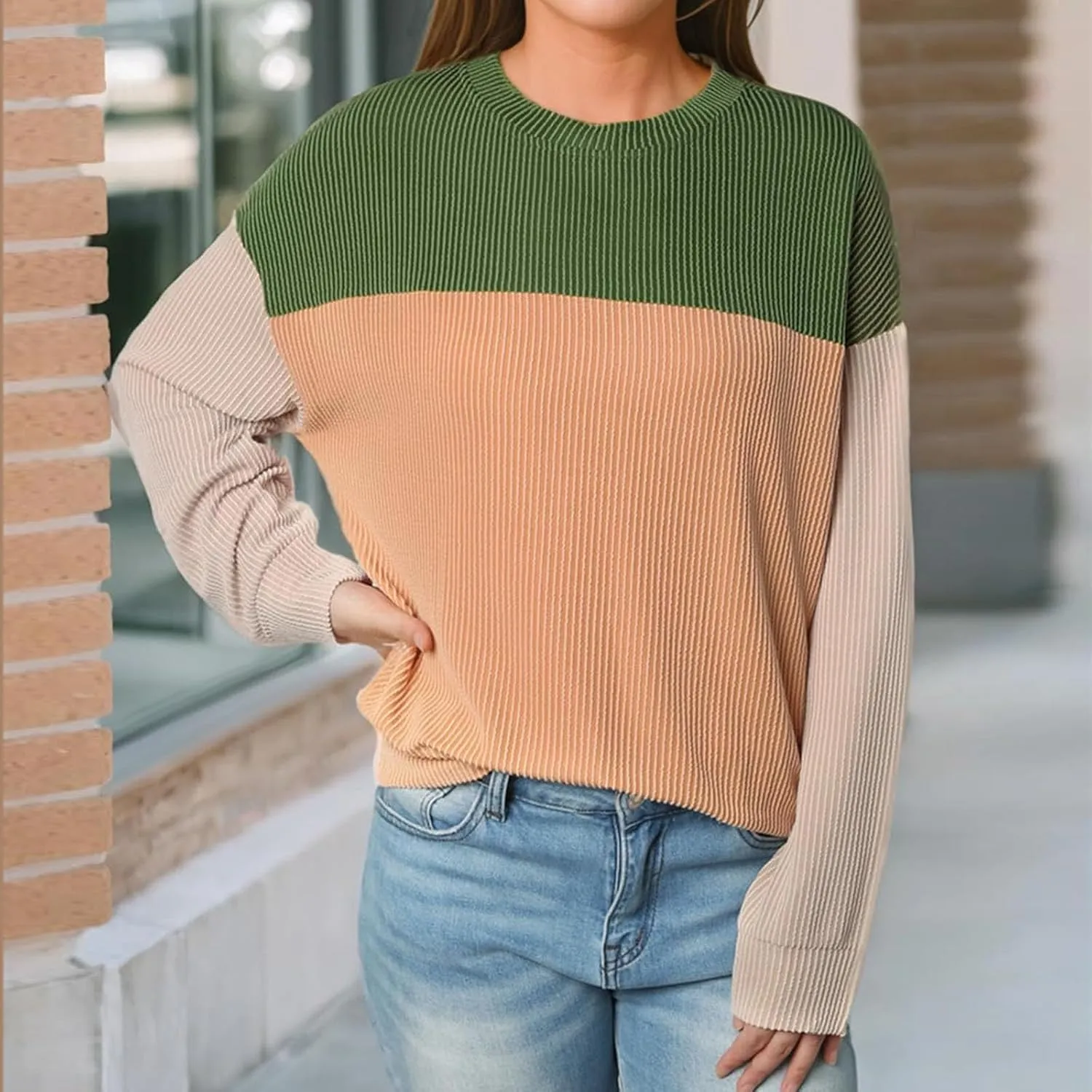 Women's Oversized Color Pullover,2024 Casual Crew Neck Long Sleeve Fleece Sweatshirts, Sweaters Tunic Cute Winter