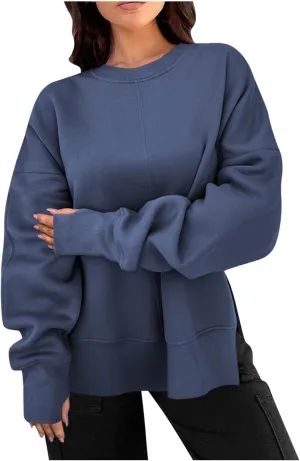 Womens Oversized Hoodies Casual Loose Fall Crewneck Sweatshirts Long Sleeve Trendy Pullover Tops Side Slit