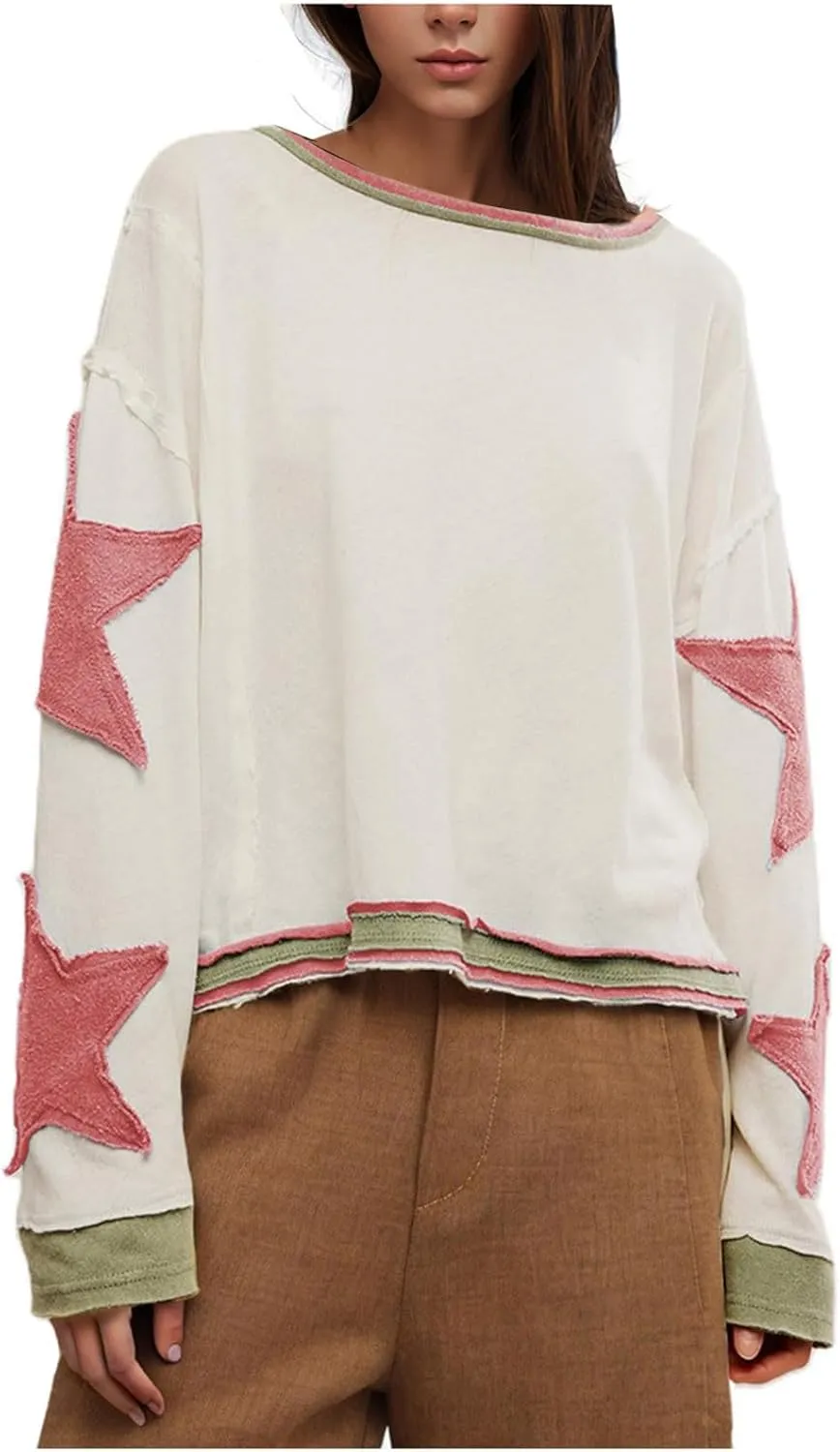 Womens Oversized Star Hoodies Long Sleeve Casual Shirts Drop Shoulder Vintage Graphic Pullover Sweatshirt Y2k Tops