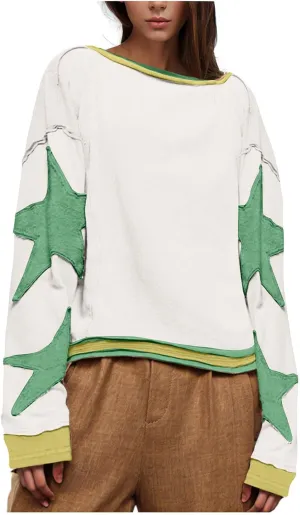Womens Oversized Star Hoodies Long Sleeve Casual Shirts Drop Shoulder Vintage Graphic Pullover Sweatshirt Y2k Tops