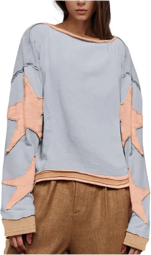 Womens Oversized Star Hoodies Long Sleeve Casual Shirts Drop Shoulder Vintage Graphic Pullover Sweatshirt Y2k Tops