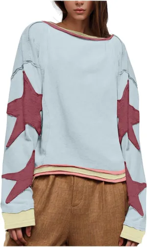 Womens Oversized Star Hoodies Long Sleeve Casual Shirts Drop Shoulder Vintage Graphic Pullover Sweatshirt Y2k Tops