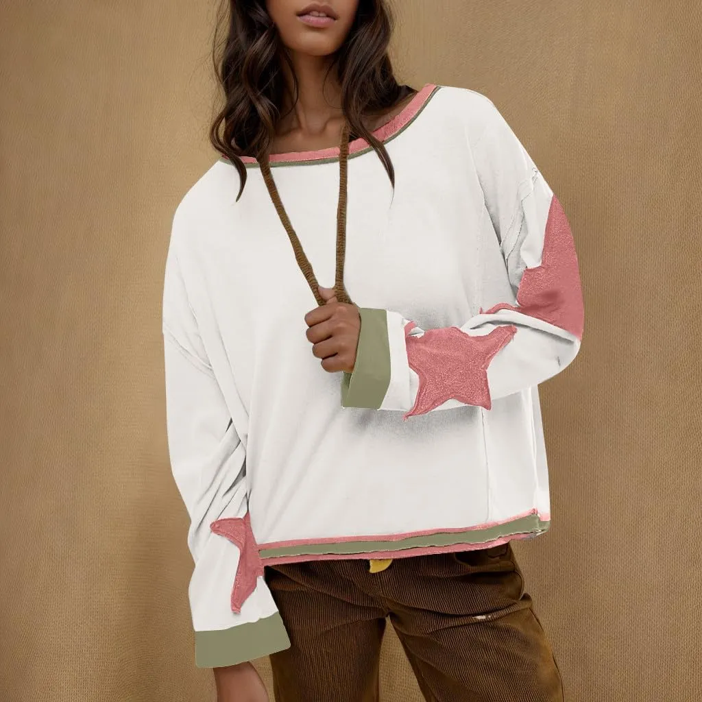Womens Oversized Star Hoodies Long Sleeve Casual Shirts Drop Shoulder Vintage Graphic Pullover Sweatshirt Y2k Tops