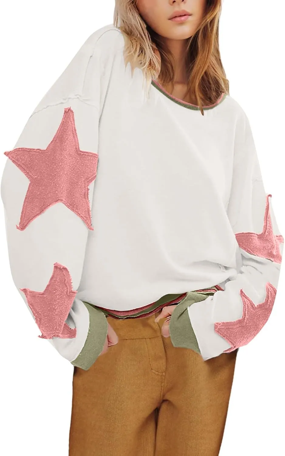 Womens Oversized Star Hoodies Long Sleeve Casual Shirts Drop Shoulder Vintage Graphic Pullover Sweatshirt Y2k Tops
