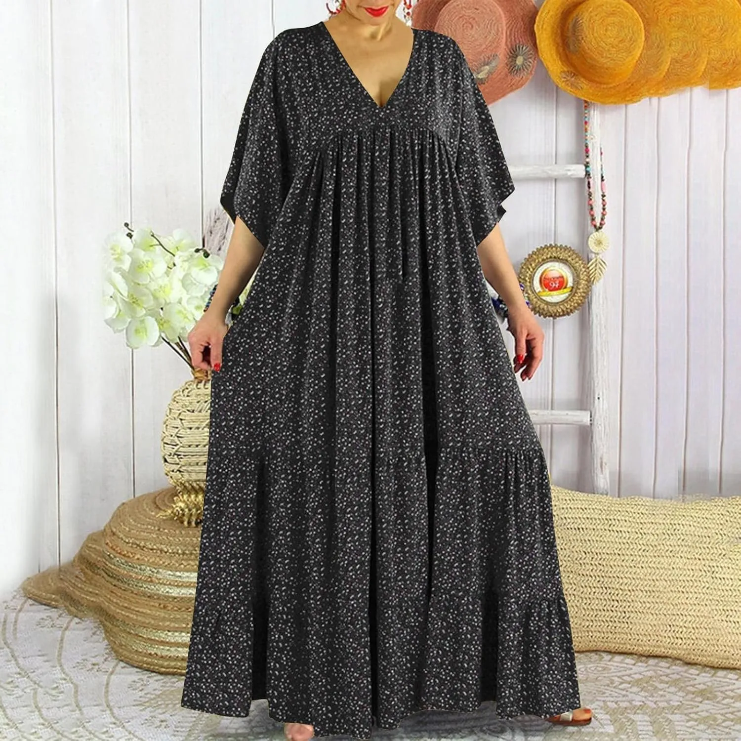Women's Plus Size Boho Maxi Dress Casual V Neck Half Sleeve Bohemian Loose Fit Summer Beach Tiered Sundress