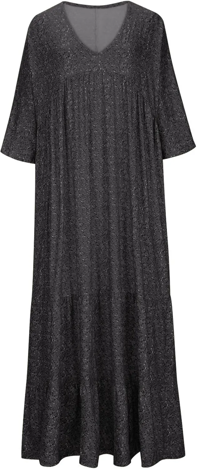 Women's Plus Size Boho Maxi Dress Casual V Neck Half Sleeve Bohemian Loose Fit Summer Beach Tiered Sundress