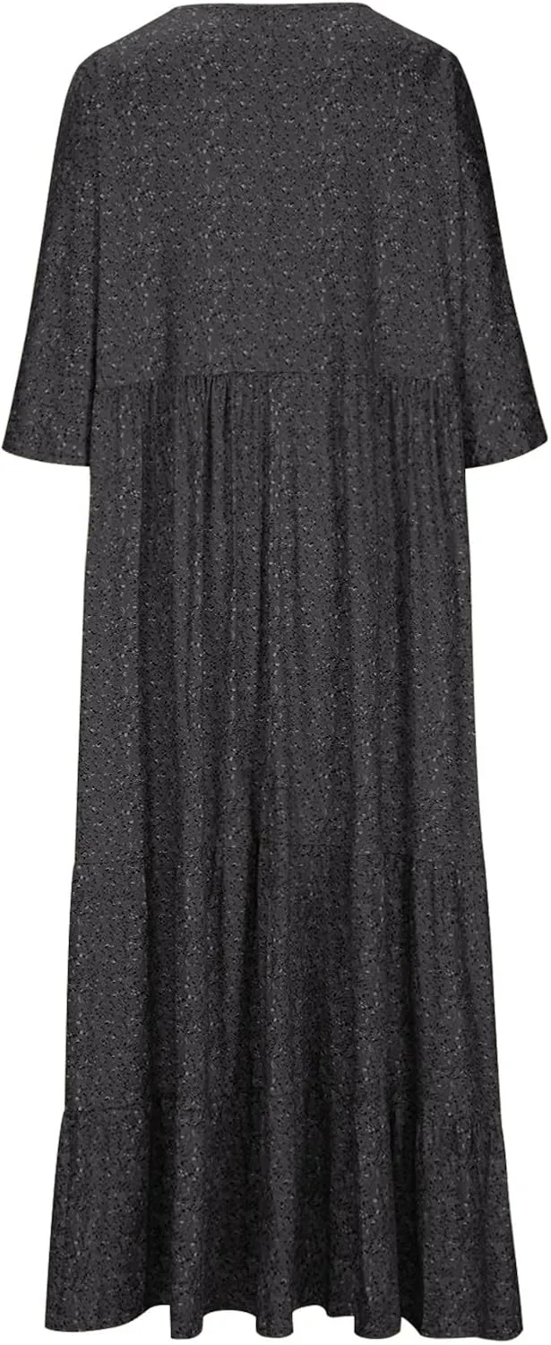 Women's Plus Size Boho Maxi Dress Casual V Neck Half Sleeve Bohemian Loose Fit Summer Beach Tiered Sundress