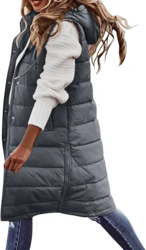 Womens Puffer Vest Long Down Sleeveless Hooded Jacket Oversized Quilted Side Zip up Warm Winter Coats with Pockets
