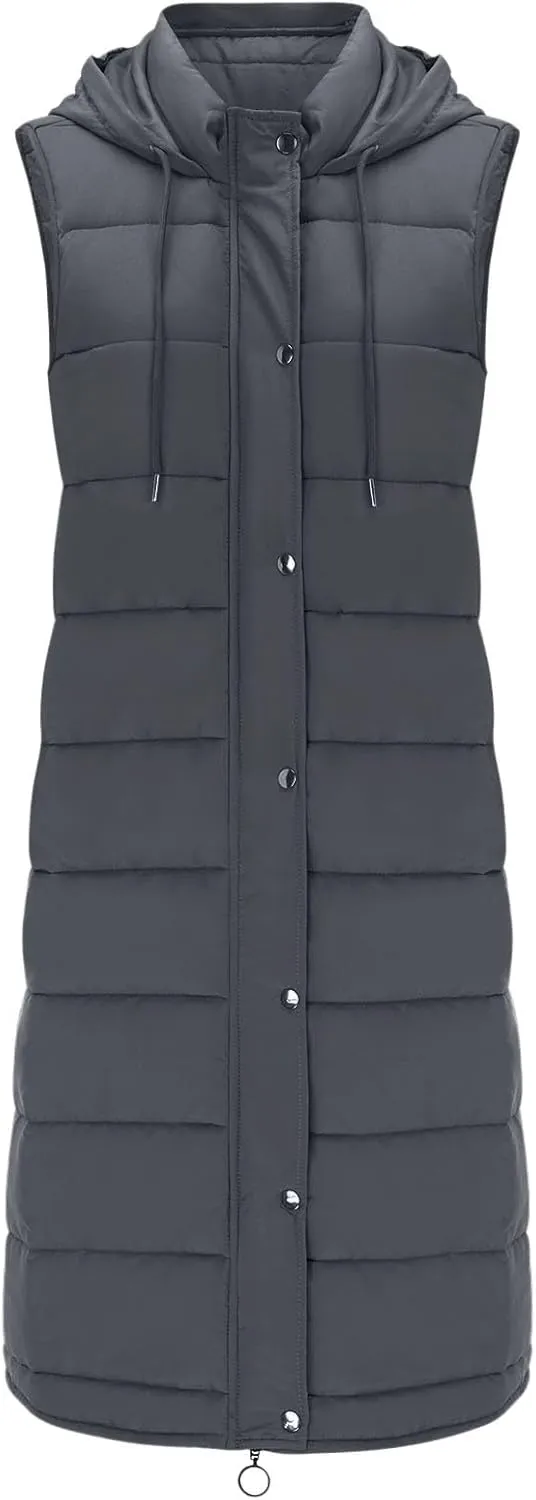 Womens Puffer Vest Long Down Sleeveless Hooded Jacket Oversized Quilted Side Zip up Warm Winter Coats with Pockets