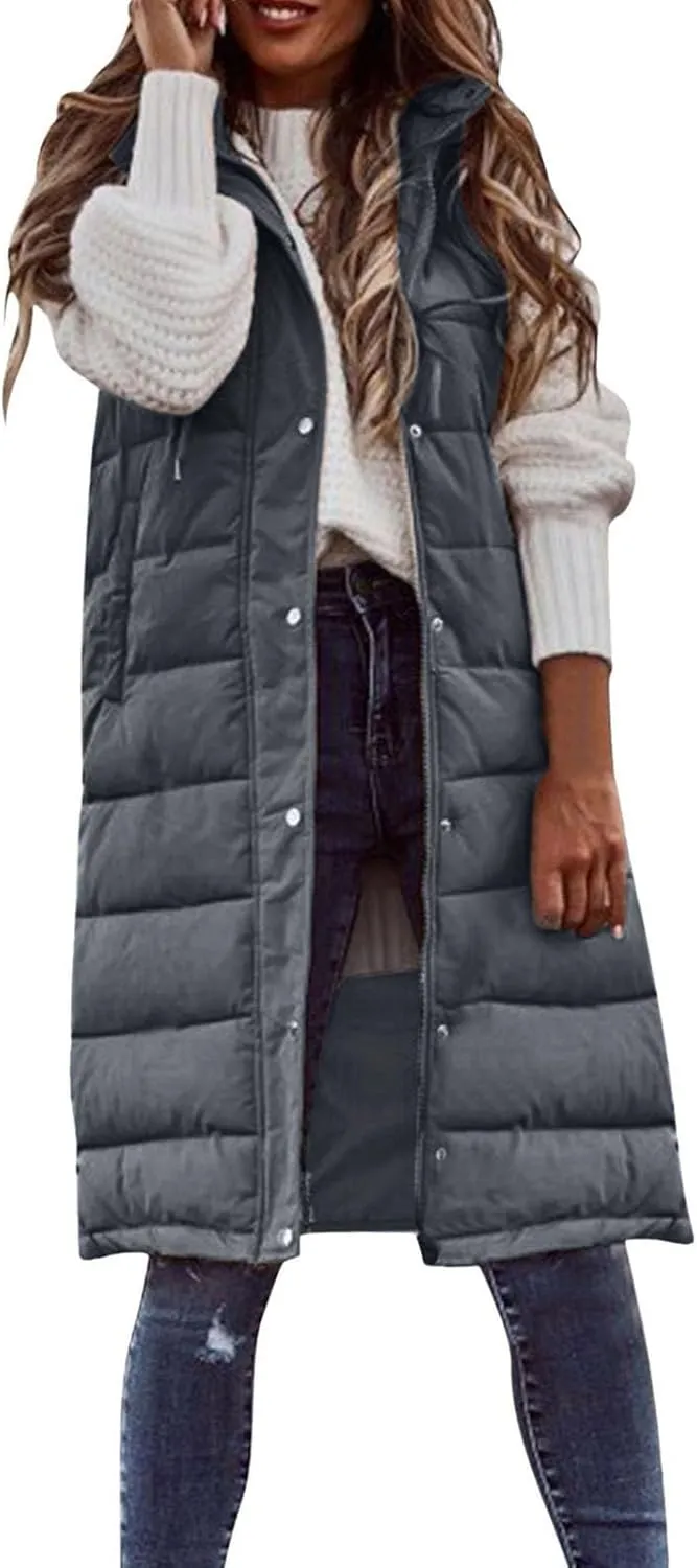 Womens Puffer Vest Long Down Sleeveless Hooded Jacket Oversized Quilted Side Zip up Warm Winter Coats with Pockets