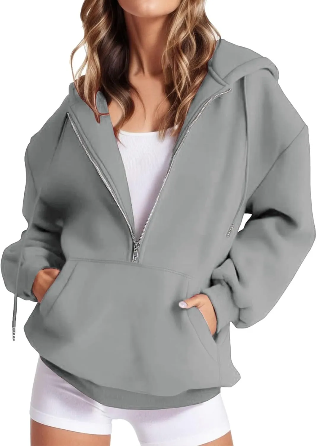 Womens Quarter Zip Pullover Long Sleeve Half Zip Hoodies Fleece Oversized Sweatshirt Fall Sweatshirts with Pockets